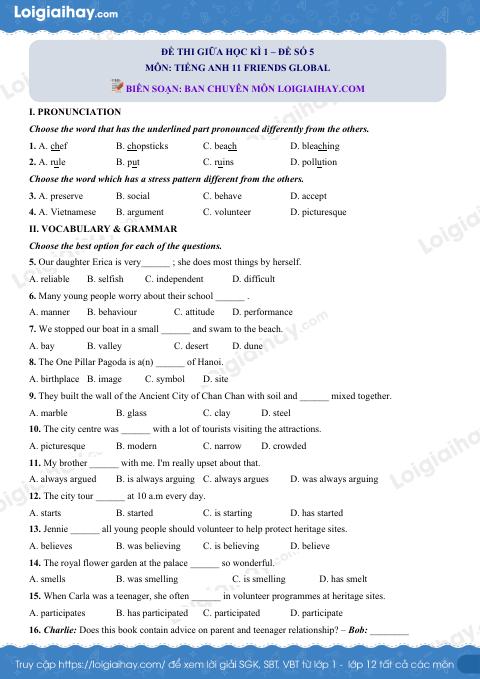 Đề thi giữa kì 1 Tiếng Anh 11 Friends Global - Đề số 5